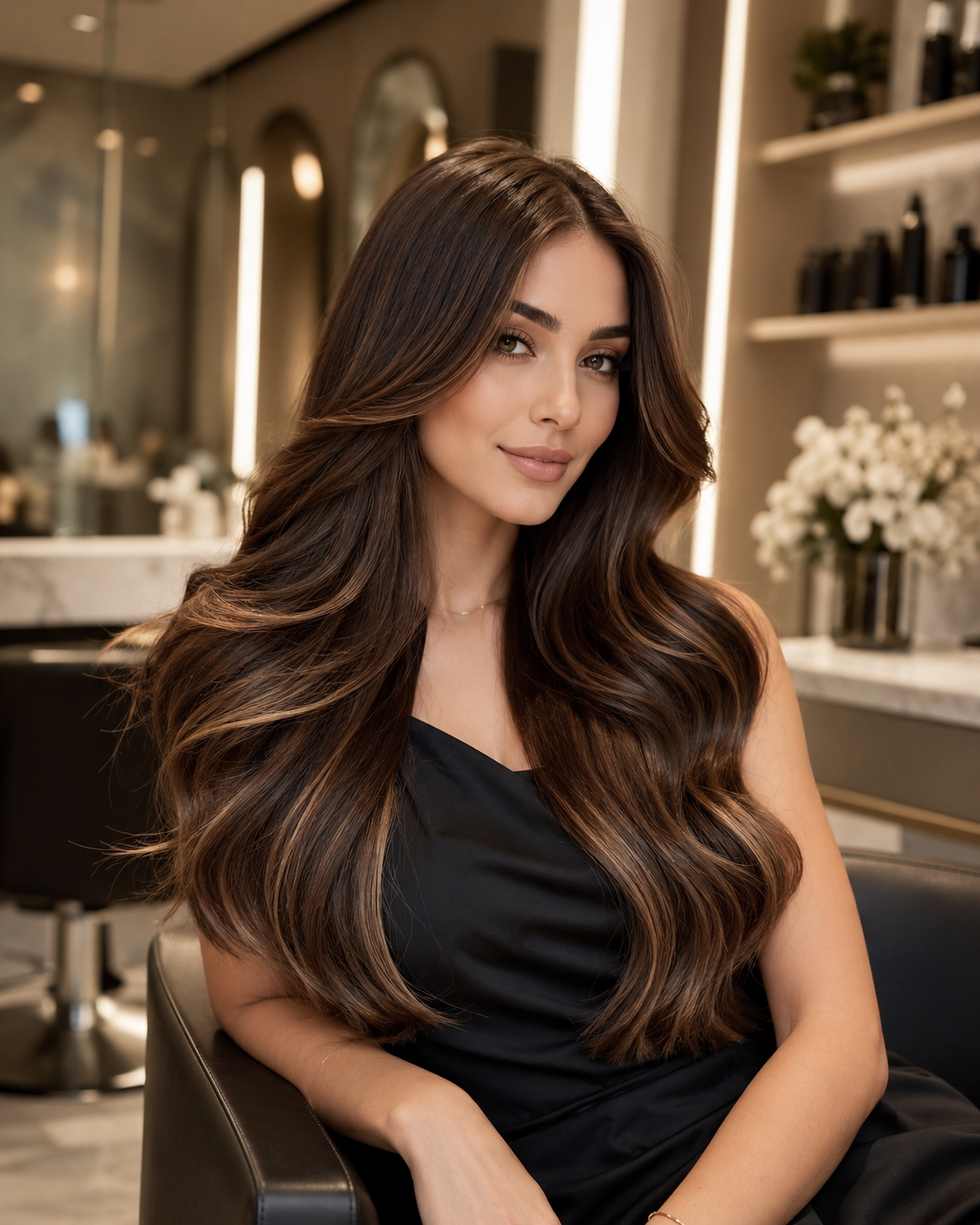 Woman with beautiful dimensional highlights and balayage color at Maison of Braids luxury salon