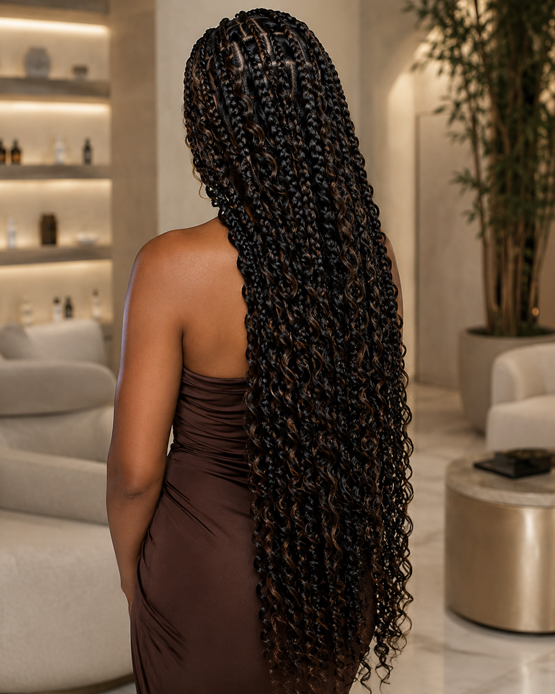 Little girl in white dress with long box braids at Maison of Braids luxury salon