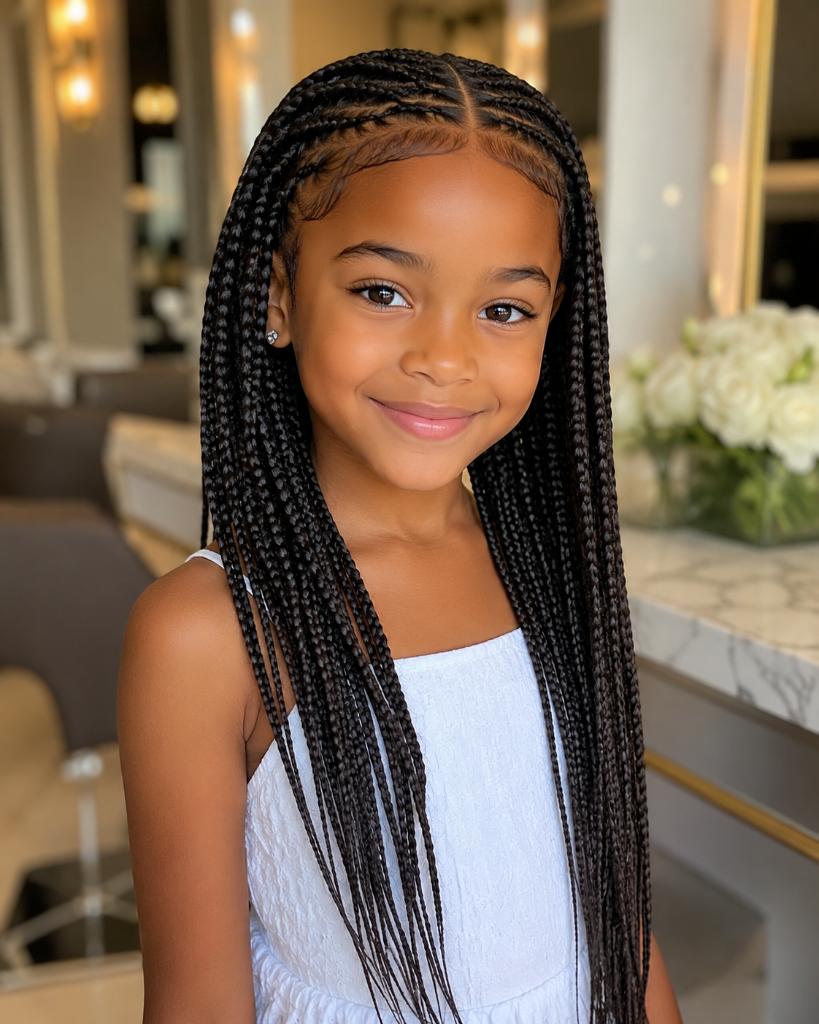 Woman in brown dress showing her back with long boho box braids